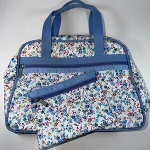 Le SportSac Tote Bag and Pouch Blue White Floral 14"x10"x6 Carefully Made in USA